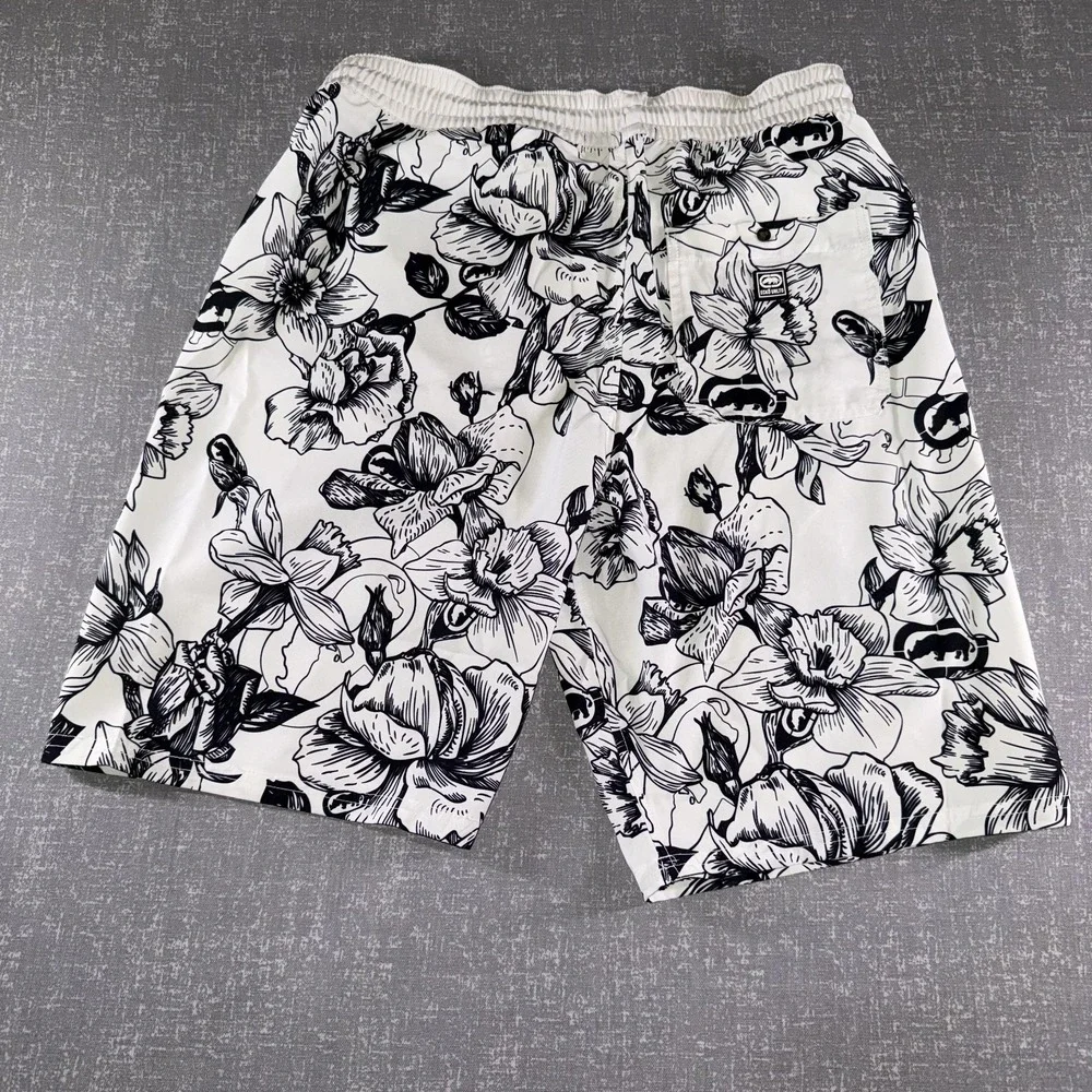 Ecko Unltd Shorts Mens Medium White Black Floral‎ Swim Trunks Quick Dry Beach